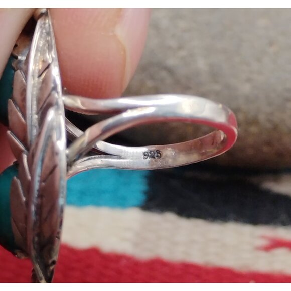 Southwest Green Turquoise in Sterling Silver Feather Leaf Design Ring Size 6.5 - Picture 4 of 6